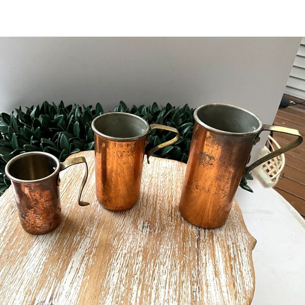3 vintage copper measuring cups; unusual size MCM copper